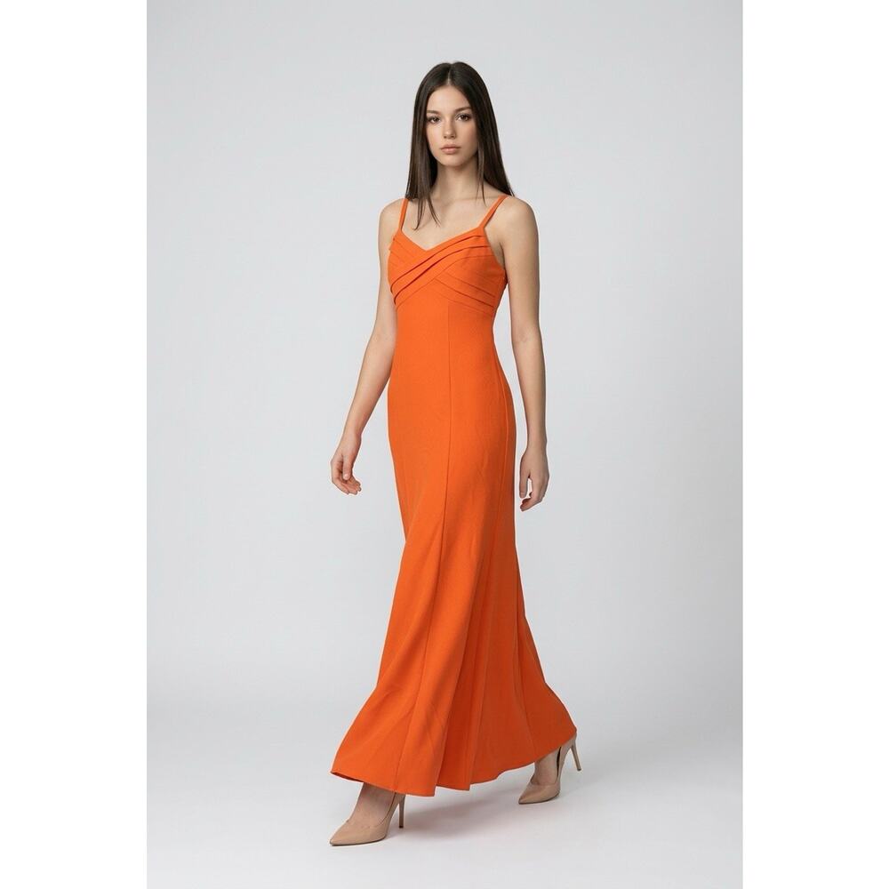 Adrianna Papell Pleated Mermaid NWT Orange Formal‎ Dress Spaghetti Strap Size 8
